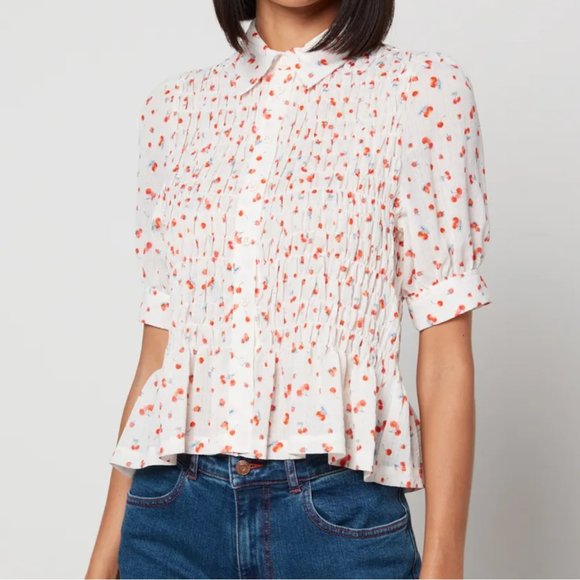$ SEE BY CHLOE Floral Blouse White Cherry Pattern Fruit Print Ruched Puff Sleeve - Picture 3 of 4